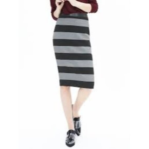 Banana Republic Black & Gray Stripe Midi Pencil Skirt 4 - Picture 1 of 5